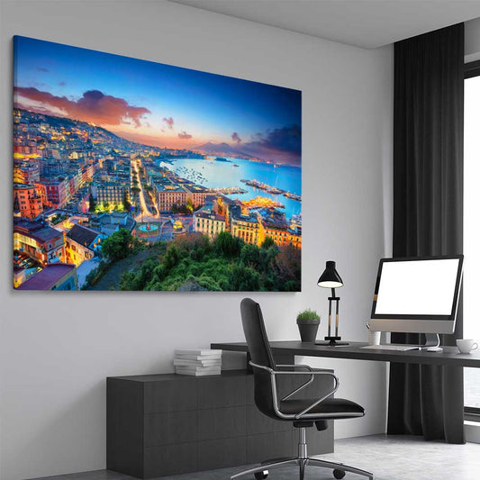 Naples City Lights stretched canvas displayed from an angle in a room is a high quality print in our city skyline, travel prints and maps collection
