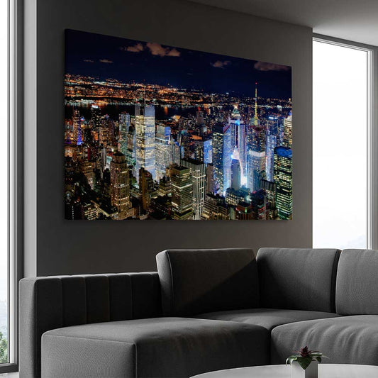 New York Glow stretched canvas displayed from an angle in a room is a high quality print in our city skyline, travel prints and maps collection
