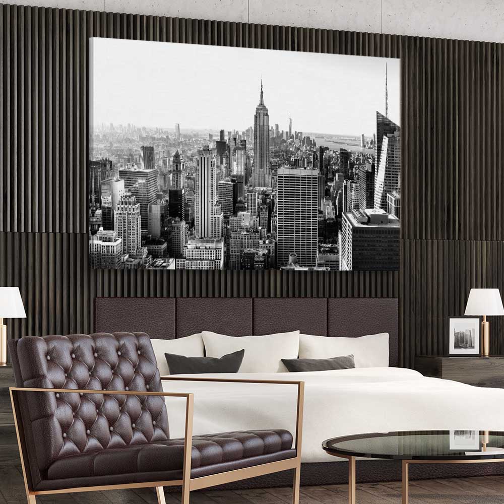 New York Skyline stretched canvas displayed from an angle in a room is a high quality print in our city skyline, travel prints and maps collection