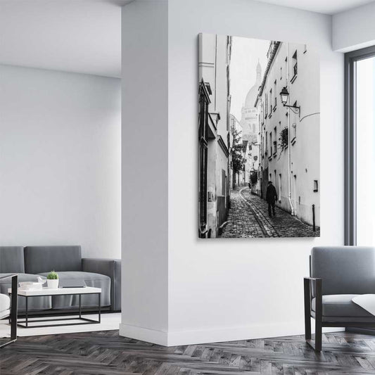 Paris Alley stretched canvas displayed from an angle in a room is a high quality print in our city skyline, travel prints and maps collection