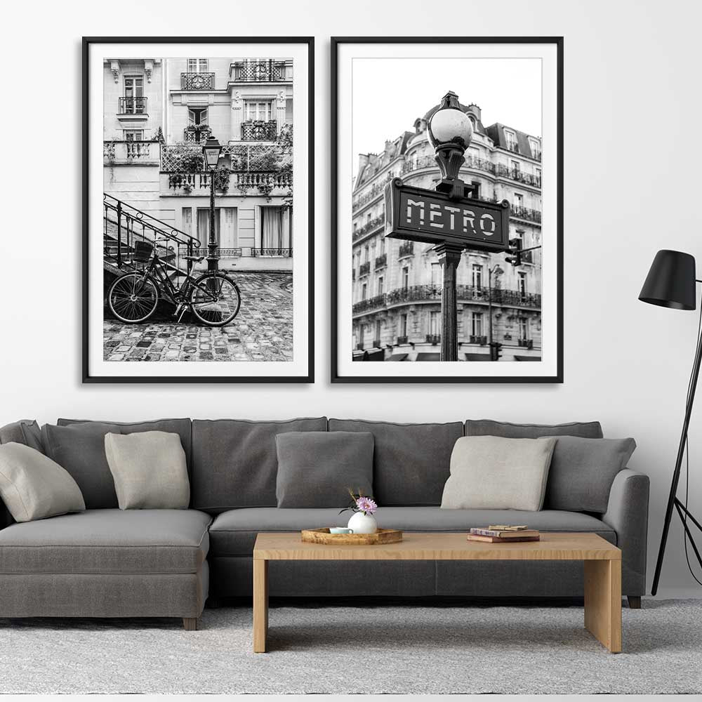 Paris Bicycle Pair stretched canvas displayed from an angle in a room is a high quality print in our city skyline, travel prints and maps collection