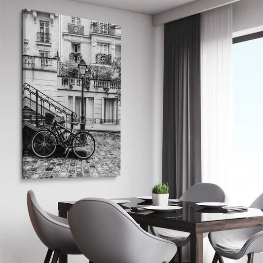 Paris Bicycle stretched canvas displayed from an angle in a room is a high quality print in our city skyline, travel prints and maps collection