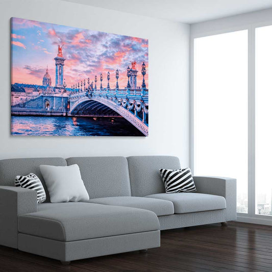 Paris Bridge Sunset stretched canvas displayed from an angle in a room is a high quality print in our city skyline, travel prints and maps collection