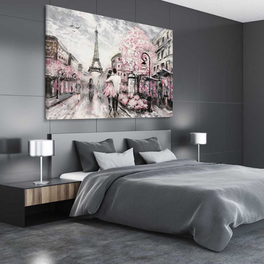 Paris Dreaming stretched canvas displayed from an angle in a room is a high quality print in our city skyline, travel prints and maps collection