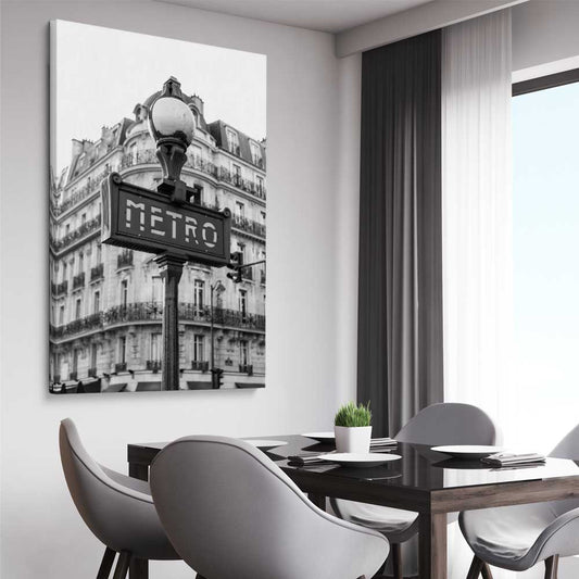 Paris Metro stretched canvas displayed from an angle in a room is a high quality print in our city skyline, travel prints and maps collection