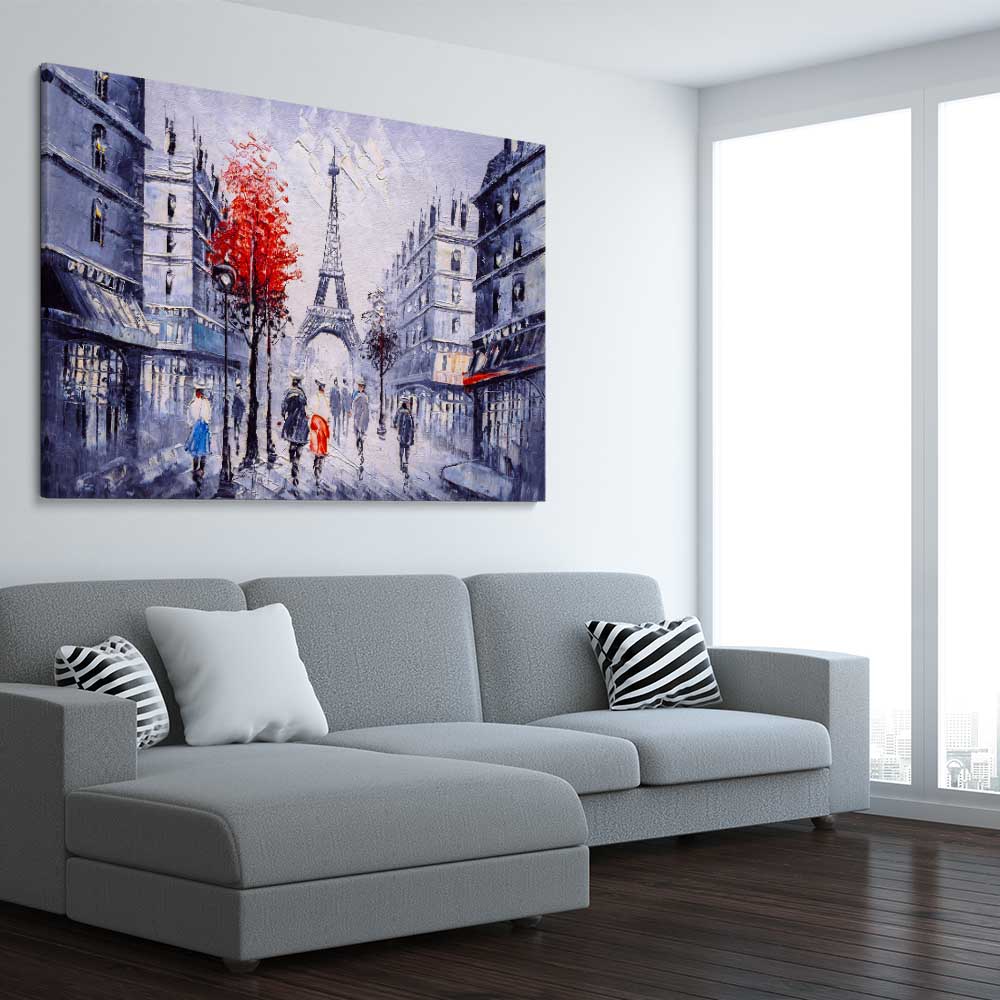 Paris Street View stretched canvas displayed from an angle in a room is a high quality print in our city skyline, travel prints and maps collection