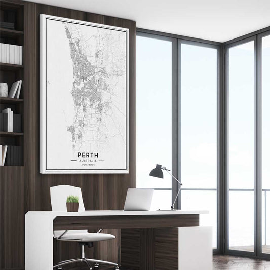 Perth City stretched canvas displayed from an angle in a room is a high quality print in our city skyline, travel prints and maps collection