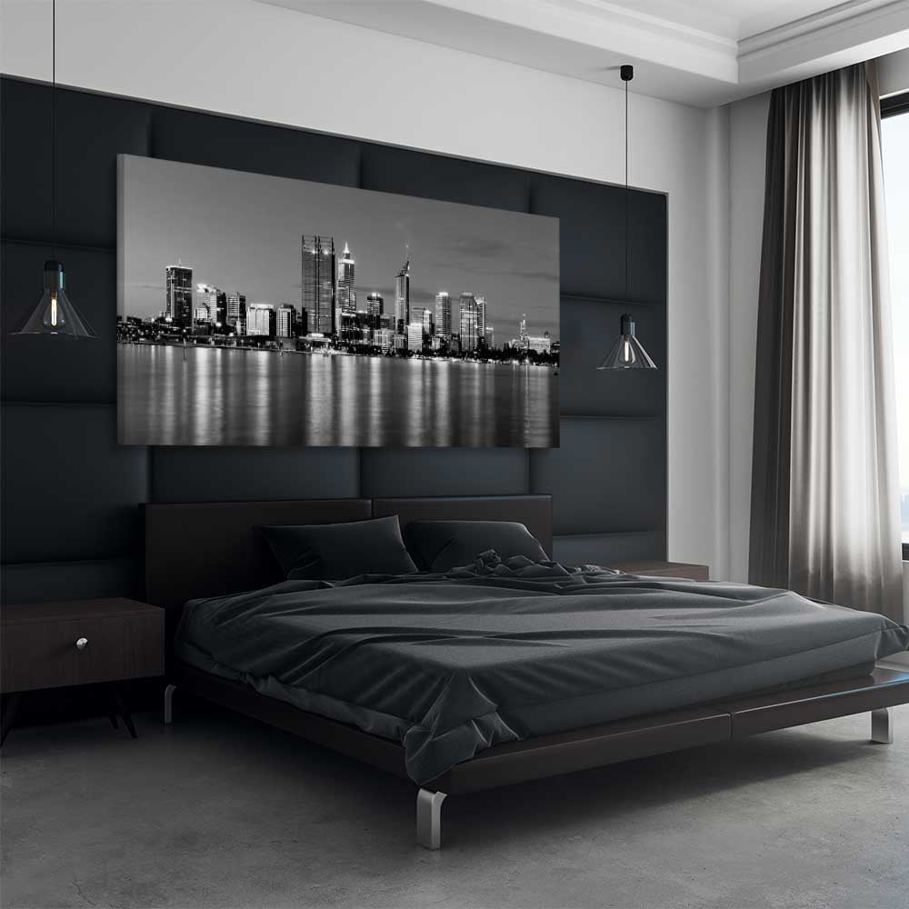 Perth Skyline stretched canvas displayed from an angle in a room is a high quality print in our city skyline, travel prints and maps collection