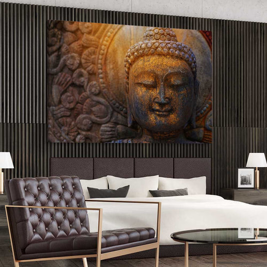 Rock Buddha stretched canvas displayed from an angle in a room is a high quality print in our city skyline, travel prints and maps collection