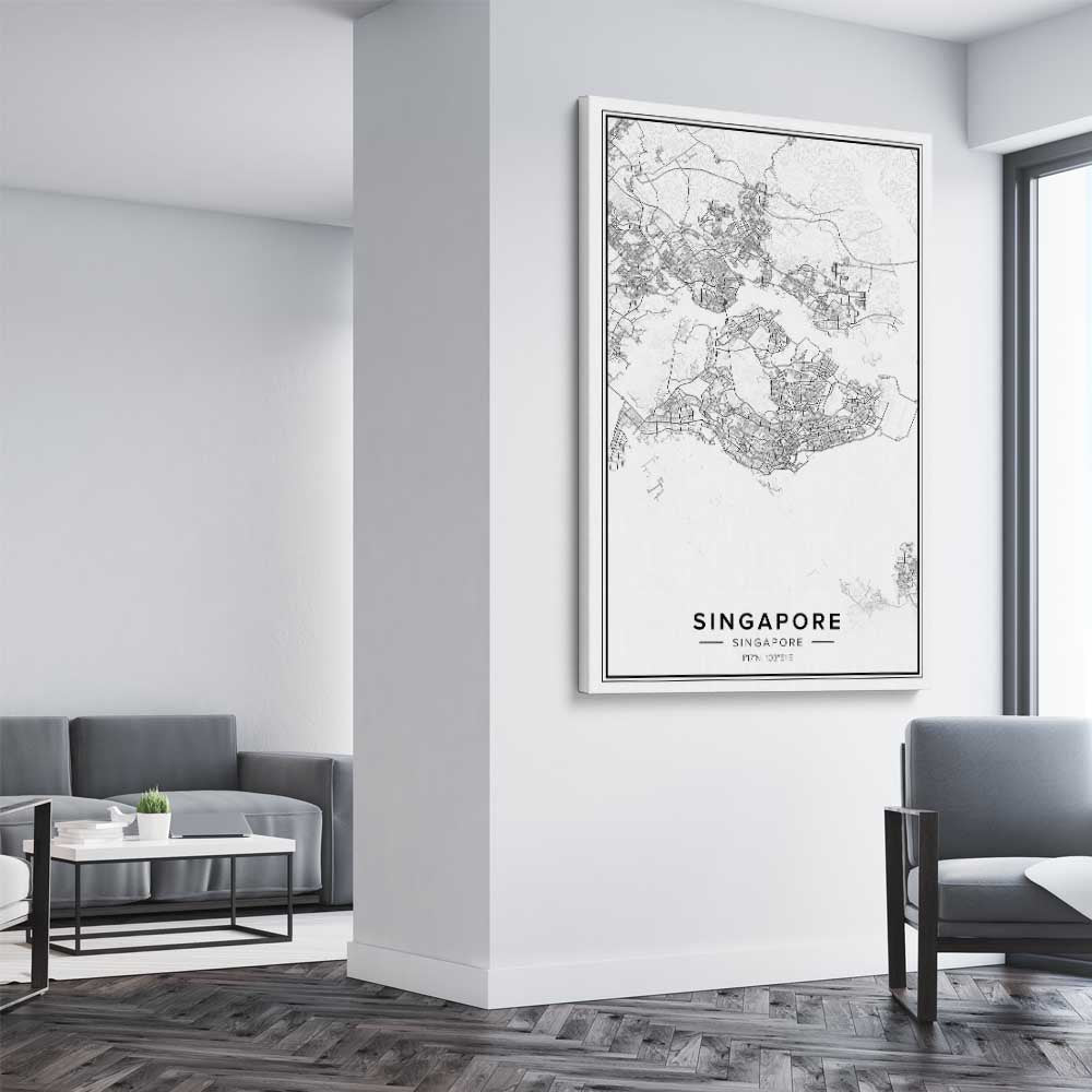 Singapore City stretched canvas displayed from an angle in a room is a high quality print in our city skyline, travel prints and maps collection
