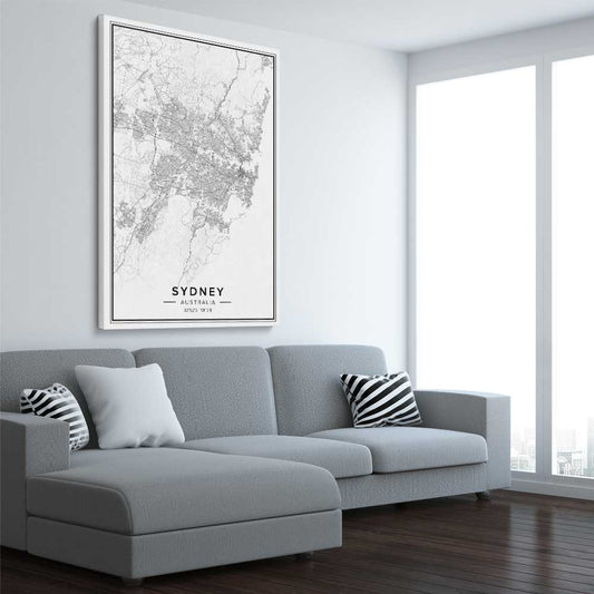 Sydney City stretched canvas displayed from an angle in a room is a high quality print in our city skyline, travel prints and maps collection