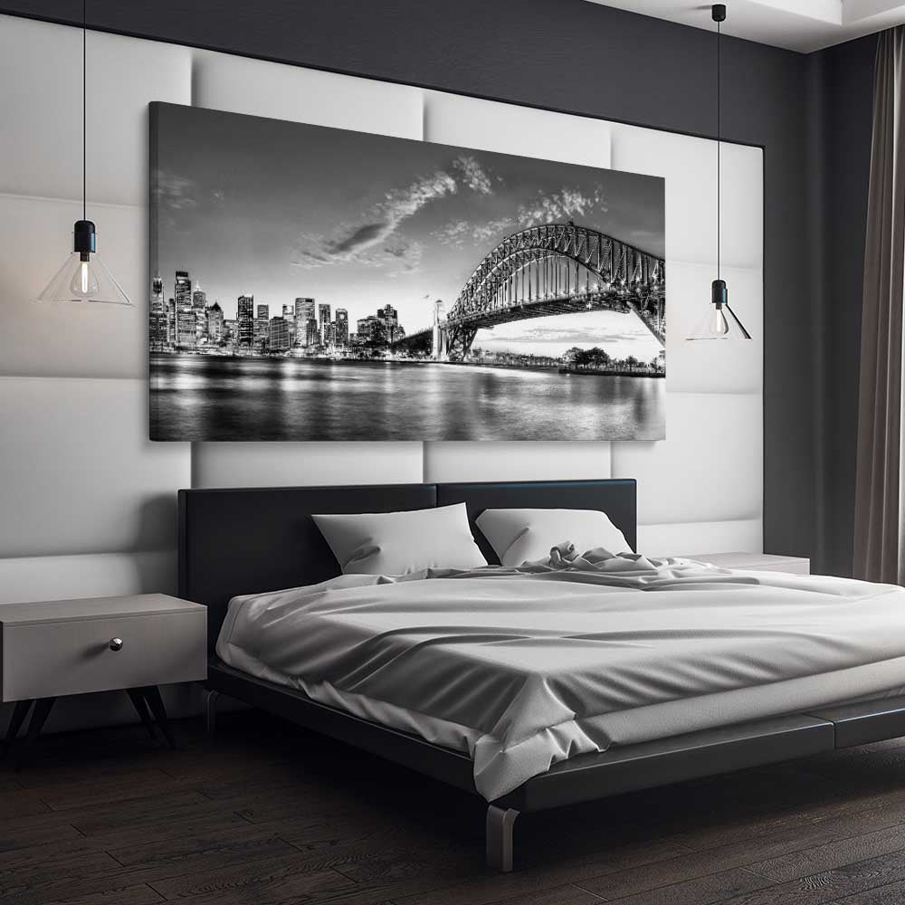 Sydney Harbour stretched canvas displayed from an angle in a room is a high quality print in our city skyline, travel prints and maps collection