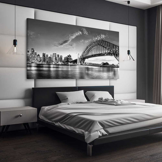 Sydney Harbour stretched canvas displayed from an angle in a room is a high quality print in our city skyline, travel prints and maps collection