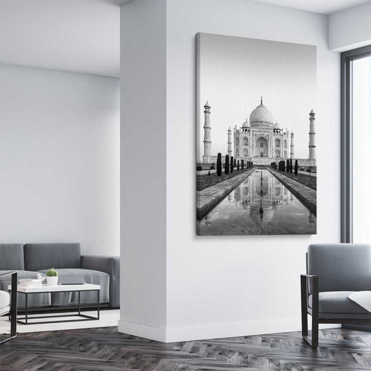 Taj Mahal stretched canvas displayed from an angle in a room is a high quality print in our city skyline, travel prints and maps collection