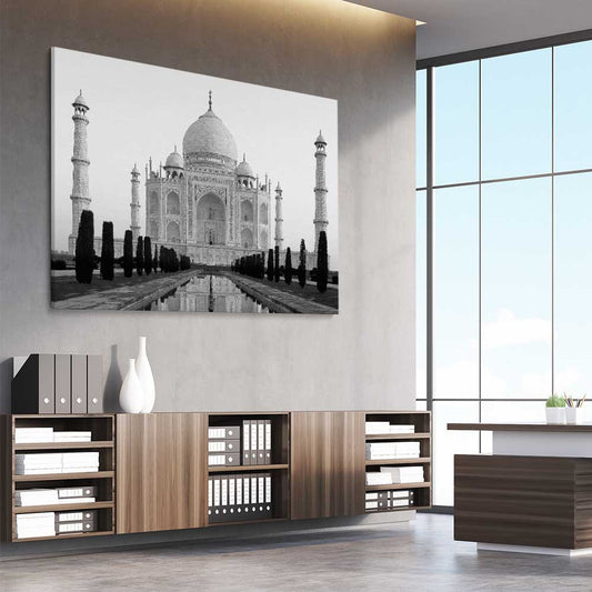 Taj Mahal View stretched canvas displayed from an angle in a room is a high quality print in our city skyline, travel prints and maps collection