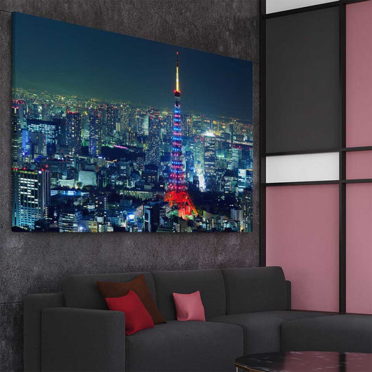 Tokyo City stretched canvas displayed from an angle in a room is a high quality print in our city skyline, travel prints and maps collection