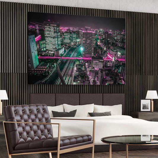 Tokyo Lights stretched canvas displayed from an angle in a room is a high quality print in our city skyline, travel prints and maps collection