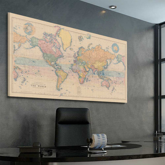 Vintage Map Colour stretched canvas displayed from an angle in a room is a high quality print in our city skyline, travel prints and maps collection
