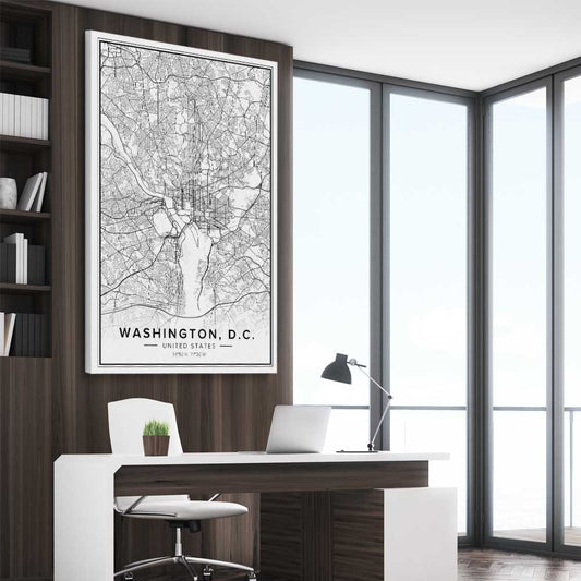 Washington City stretched canvas displayed from an angle in a room is a high quality print in our city skyline, travel prints and maps collection