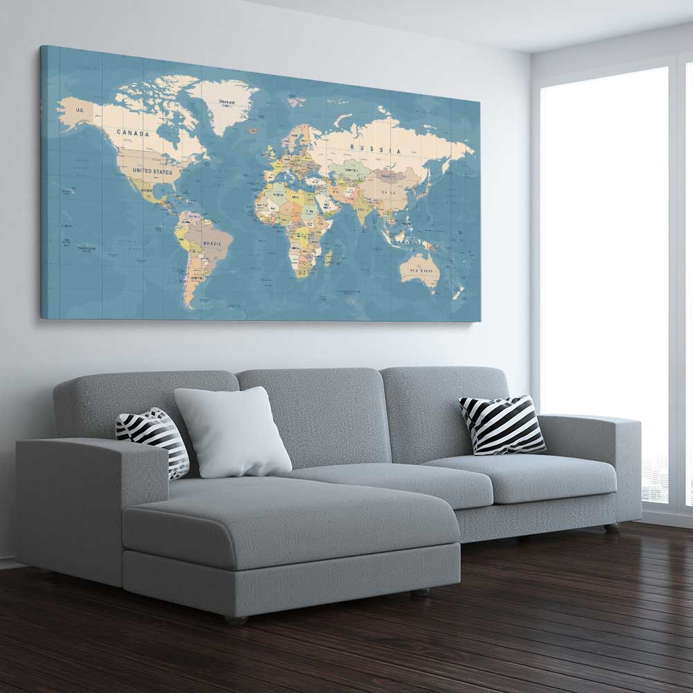 World Map stretched canvas displayed from an angle in a room is a high quality print in our city skyline, travel prints and maps collection