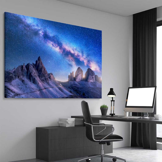 Space prints and wall art of Bright Milky Way on a stretched canvas displayed from an angle in a room