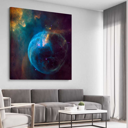 Space prints and wall art of Bubble Nebula on a stretched canvas displayed from an angle in a room