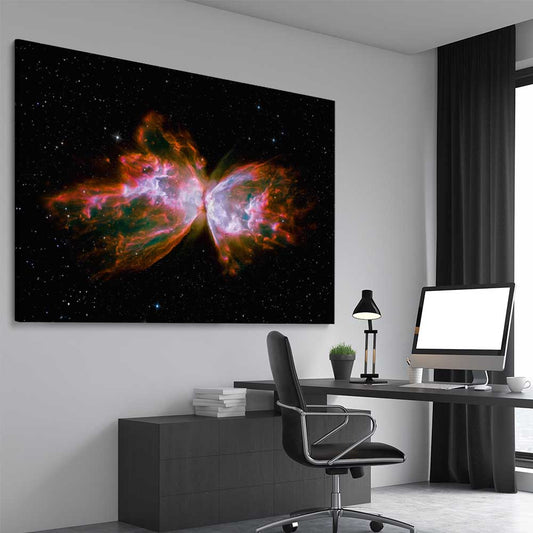 Space prints and wall art of Butterfly Nebula on a stretched canvas displayed from an angle in a room