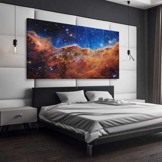 Space prints and wall art of Carina Nebula on a stretched canvas displayed from an angle in a room
