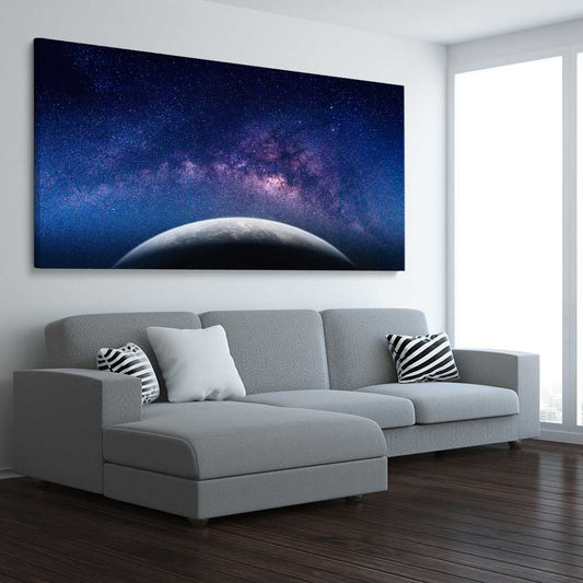 Space prints and wall art of Earth View on a stretched canvas displayed from an angle in a room