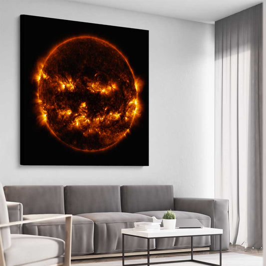 Space prints and wall art of Halloween Sun on a stretched canvas displayed from an angle in a room