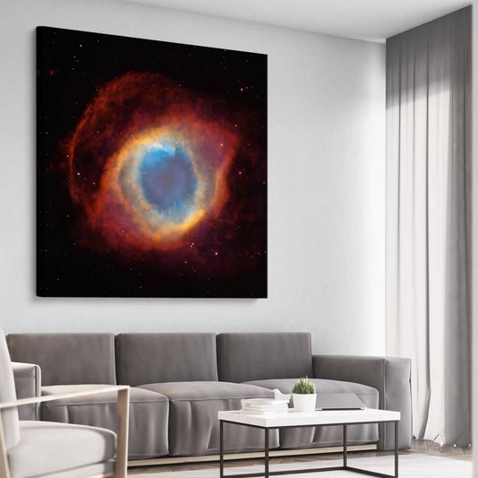 Space prints and wall art of Helix Nebula on a stretched canvas displayed from an angle in a room
