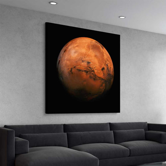 Space prints and wall art of Mars Hemisphere on a stretched canvas displayed from an angle in a room