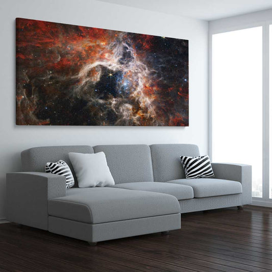 Space prints and wall art of Tarantula Nebula on a stretched canvas displayed from an angle in a room