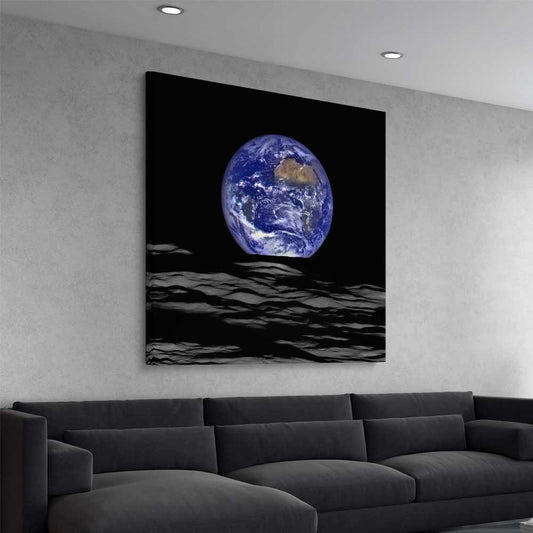 Space prints and wall art of The Earth on a stretched canvas displayed from an angle in a room