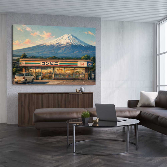 Fuji Konbini Nights stretched canvas displayed from an angle in a room is a high quality print in our city skyline, travel prints and maps collection