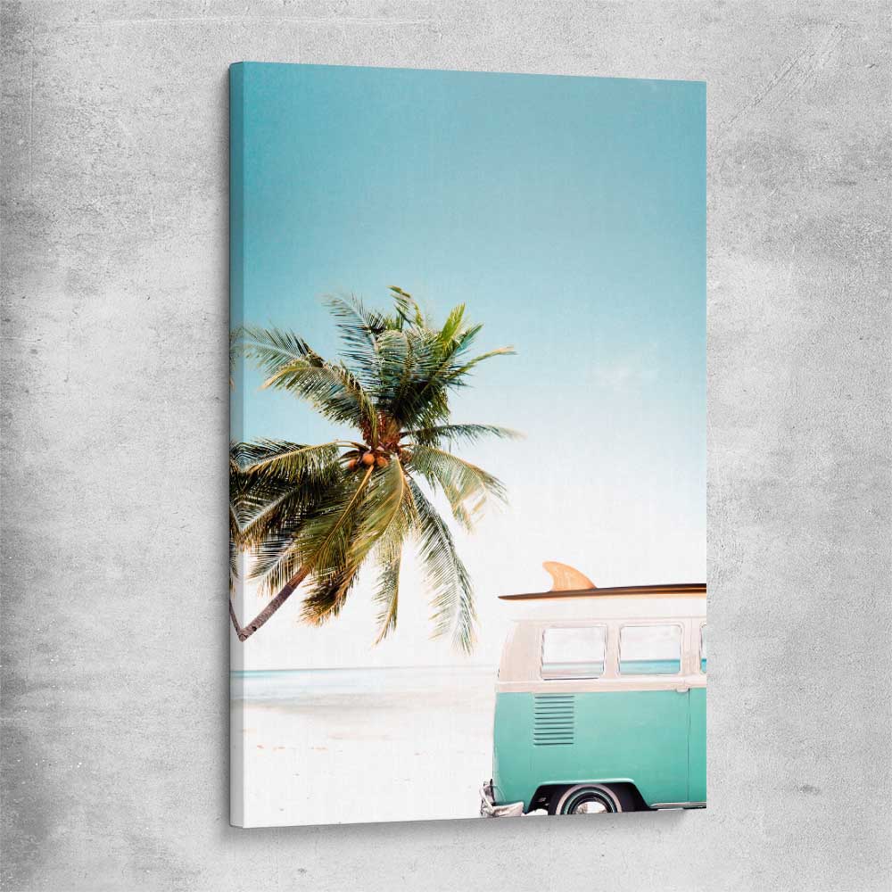 Beach and coastal wall art print of Combi Van Beach on a stretched canvas