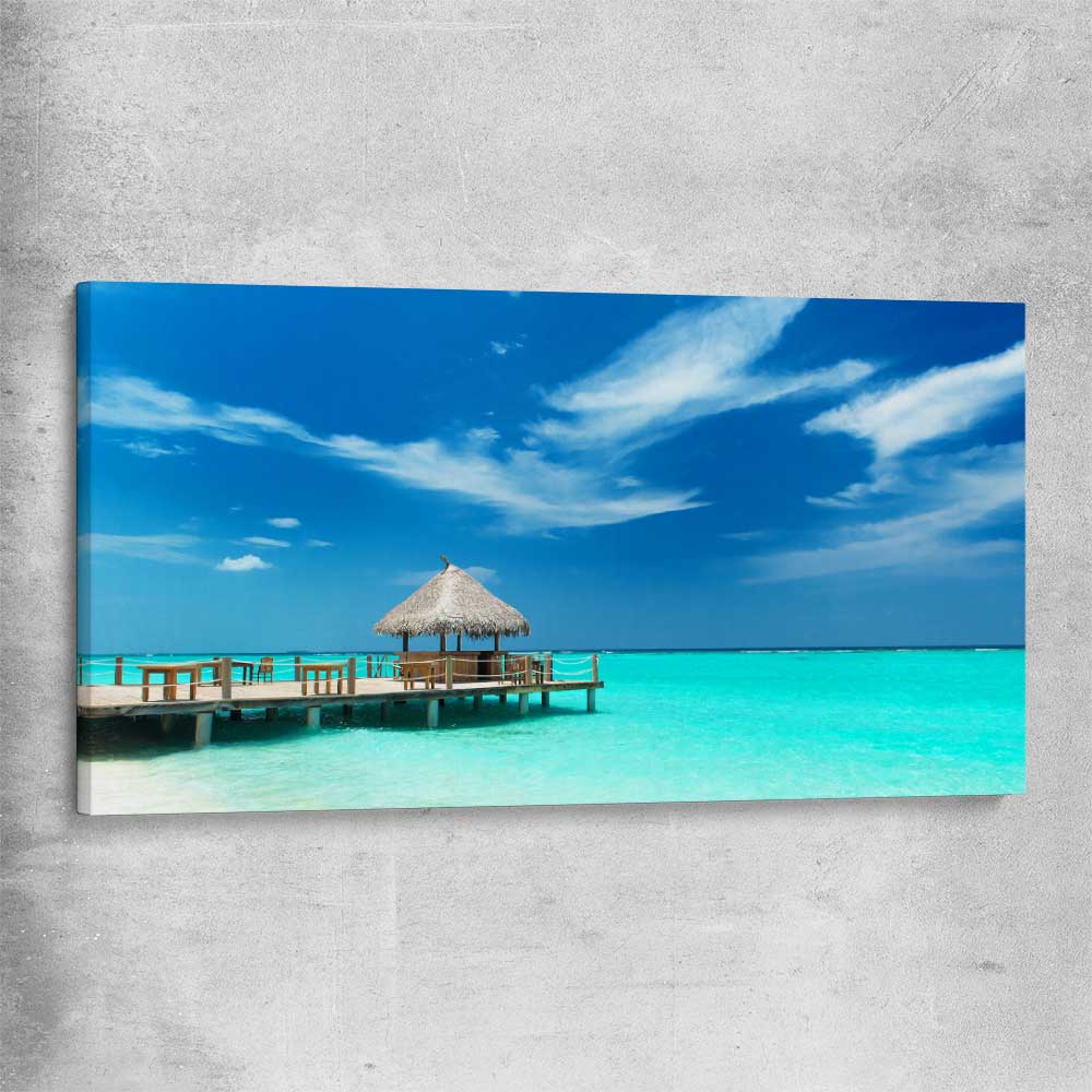 Beach and coastal wall art print of Exotic Beach Bar on a stretched canvas