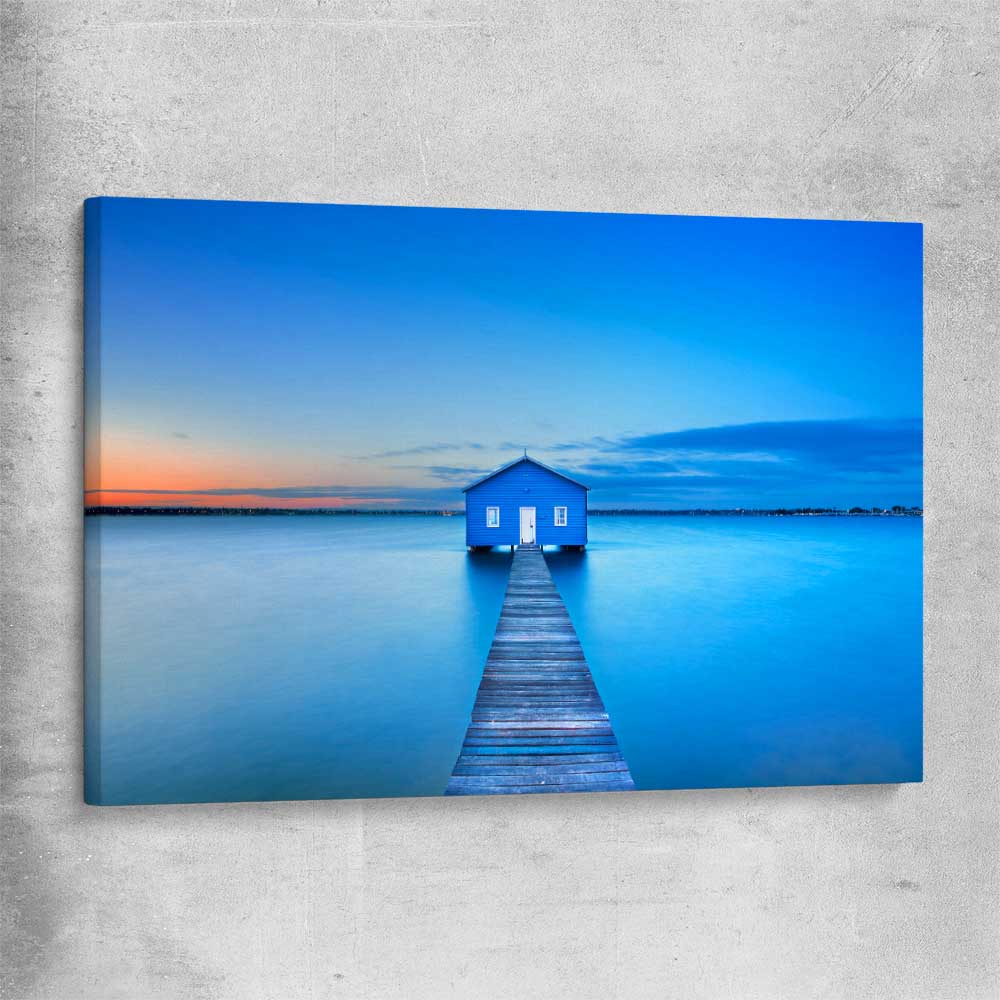 Beach and coastal wall art print of Matilda Bay Boathouse on a stretched canvas