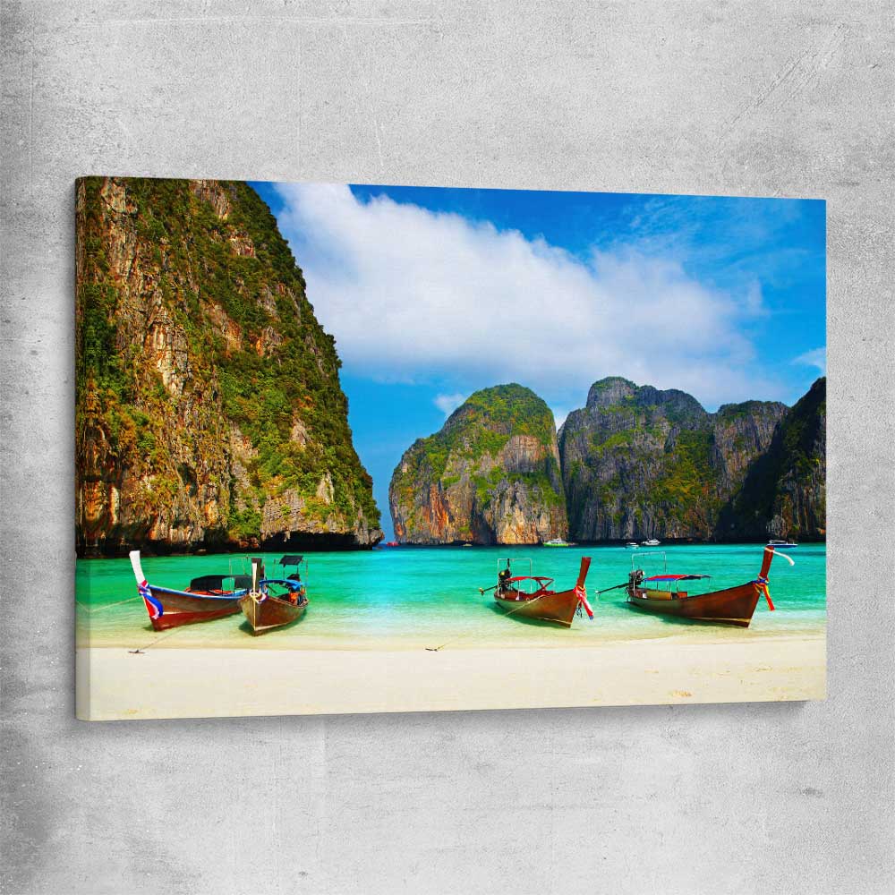 Beach and coastal wall art print of Maya Bay Beach on a stretched canvas