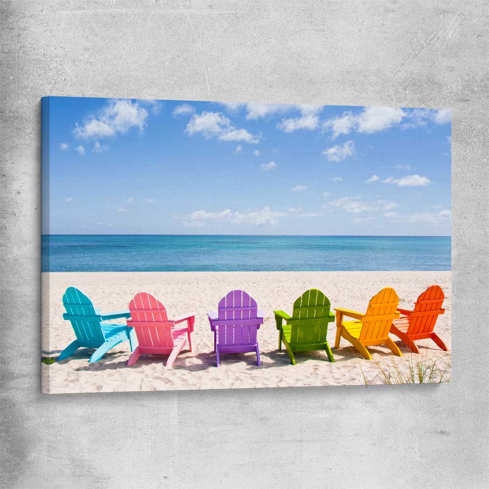 Beach and coastal wall art print of Pastel Chairs on a stretched canvas