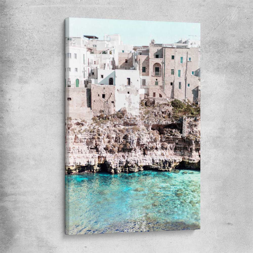 Beach and coastal wall art print of Polignano a Mare on a stretched canvas
