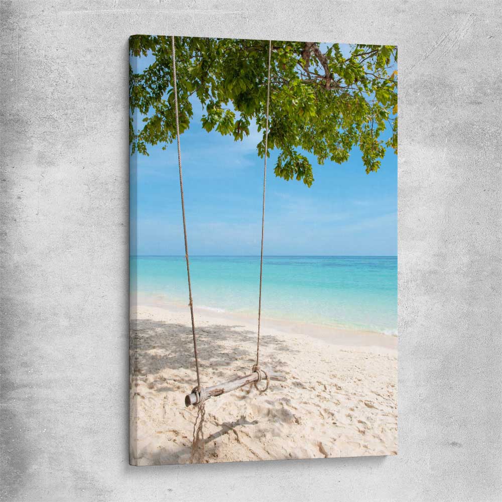 Beach and coastal wall art print of Pristine Beach Swing on a stretched canvas