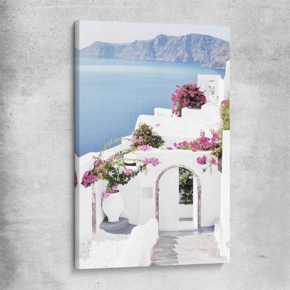 Beach and coastal wall art print of Santorini Island on a stretched canvas