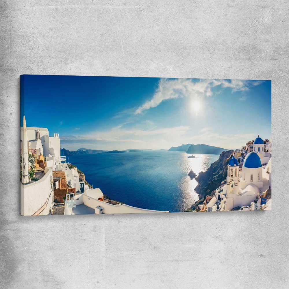 Beach and coastal wall art print of Santorini Panorama on a stretched canvas
