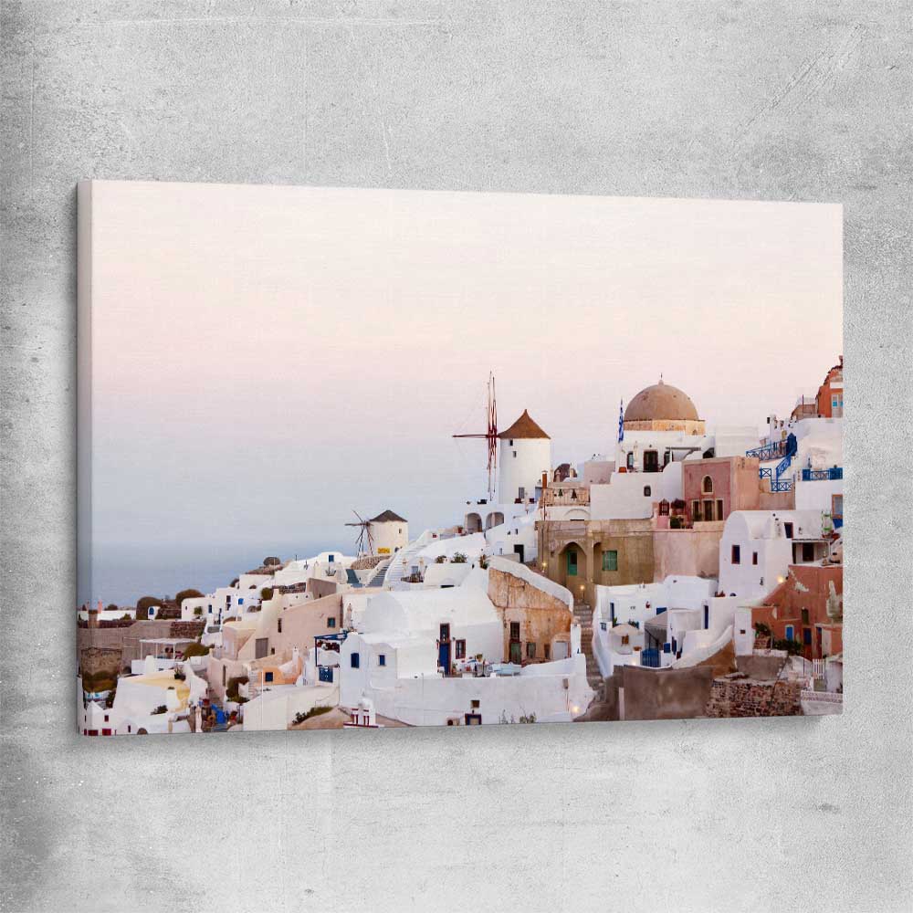 Beach and coastal wall art print of Santorini Sunrise on a stretched canvas
