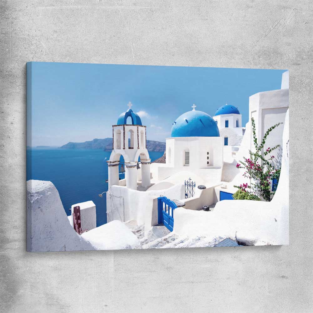 Beach and coastal wall art print of Santorini Views on a stretched canvas