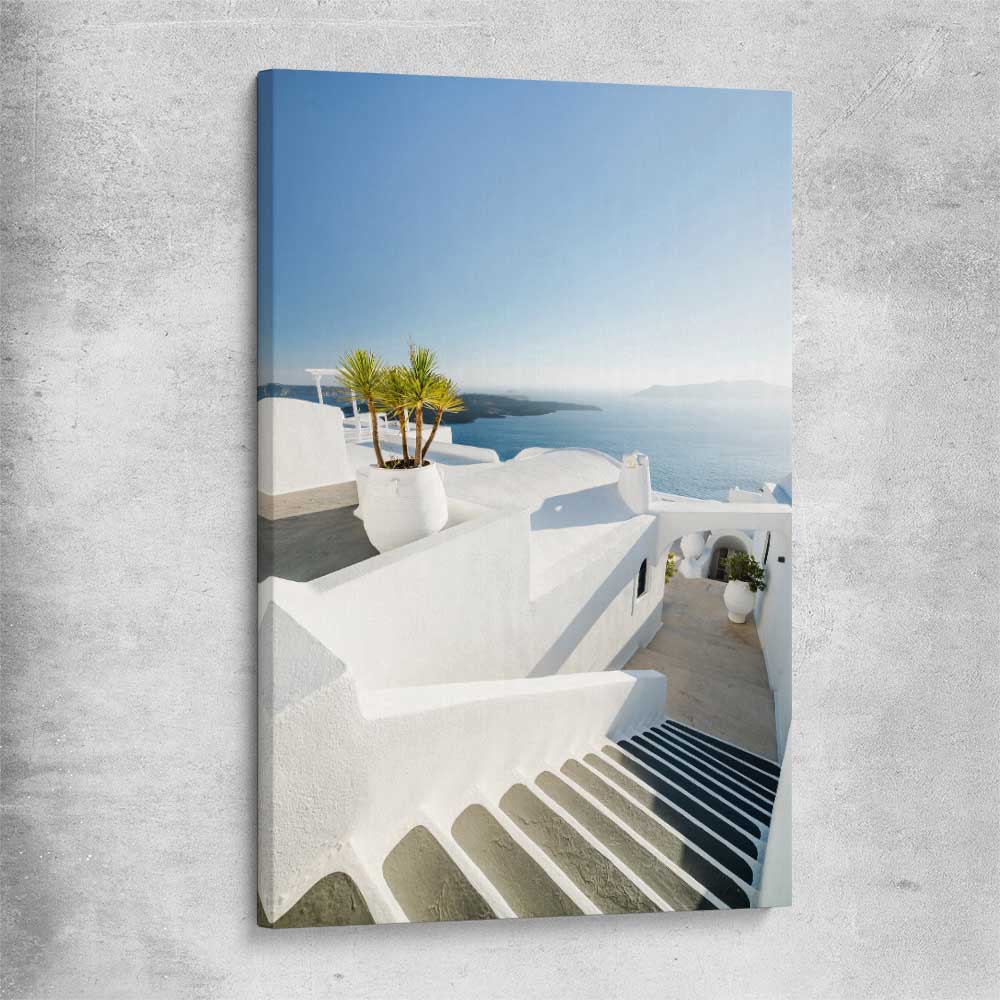 Beach and coastal wall art print of Santorini Walkway on a stretched canvas