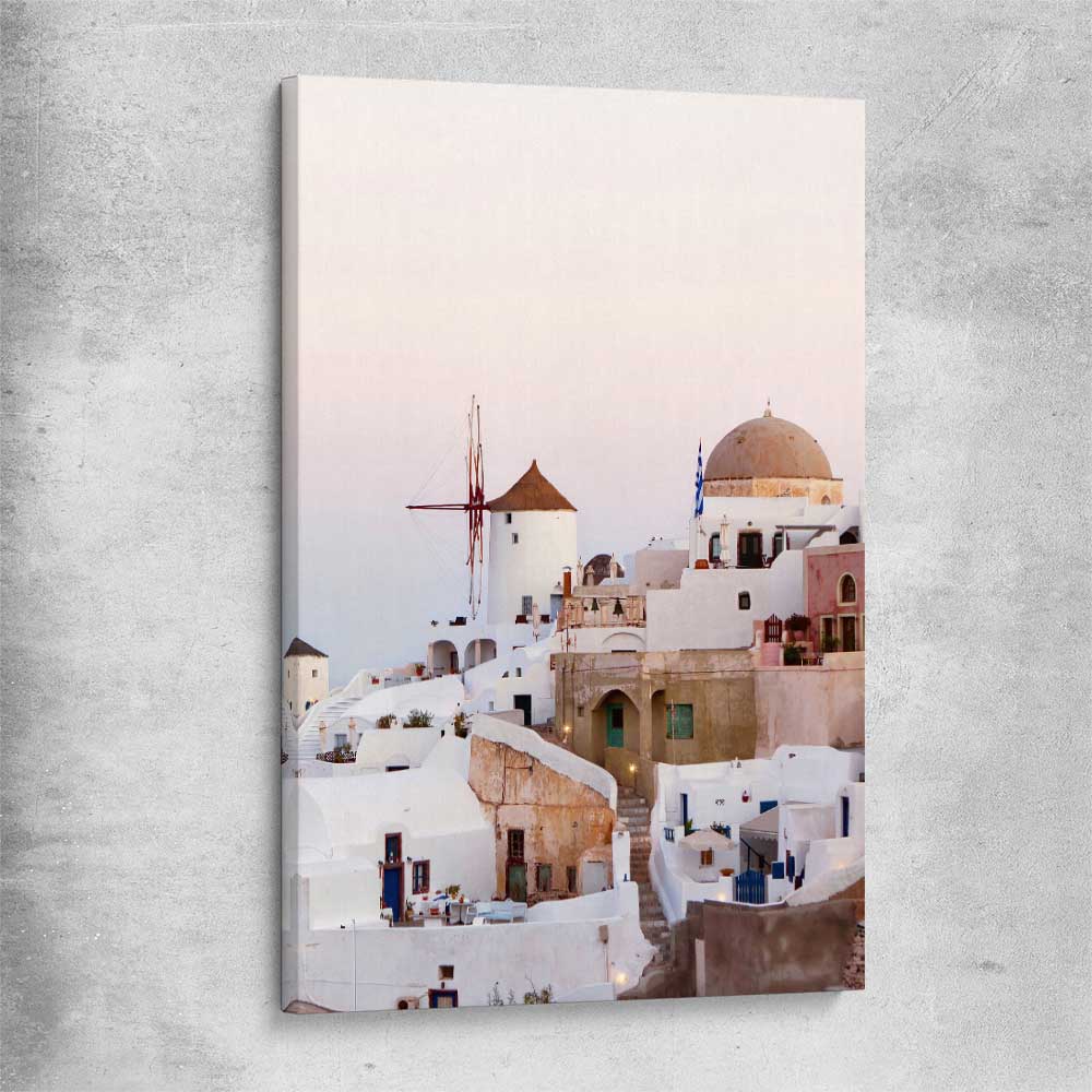 Beach and coastal wall art print of Santorini Windmill on a stretched canvas