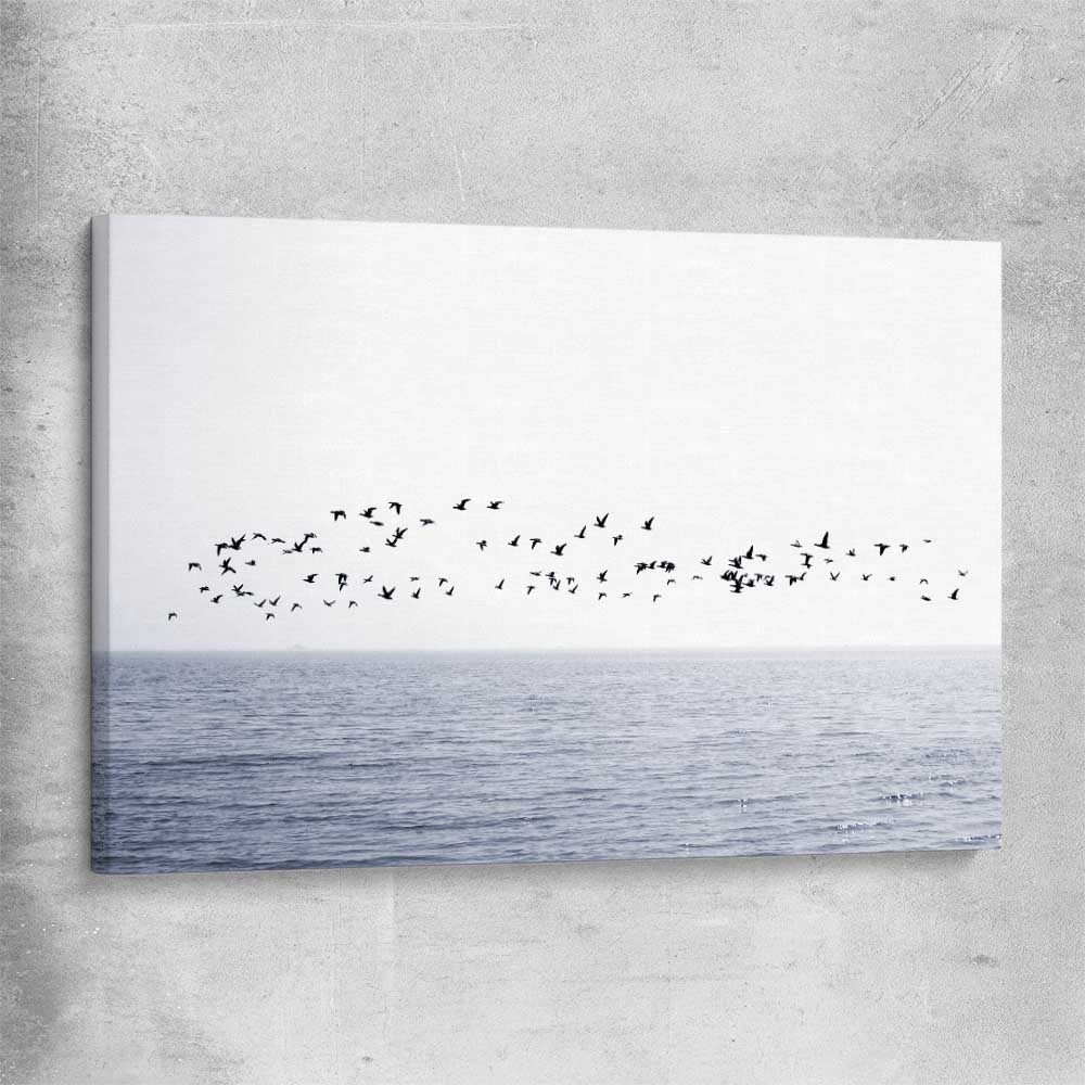 Beach and coastal wall art print of Seagull Flock on a stretched canvas