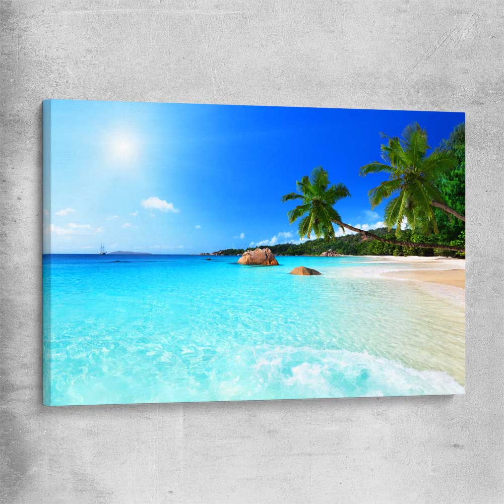 Beach and coastal wall art print of Seychelles Crystal Water on a stretched canvas